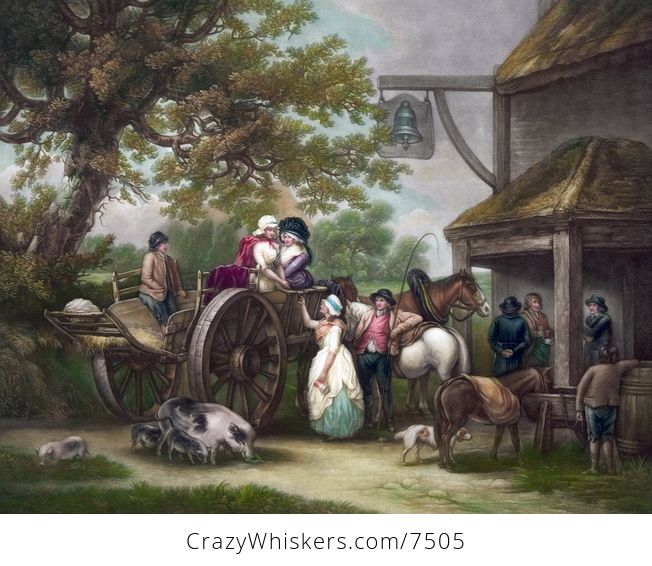 Digital Illustration of Horses Pigs and a Dog with People and a Cart in Front of a Tavern - #KnwvkENM9fQ-1