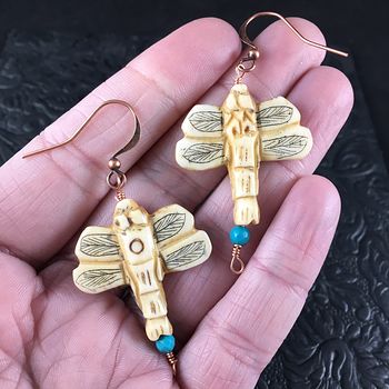 Dragonfly Earrings Made of Carved Bone with Copper Wire #BKTa18Dpqt0