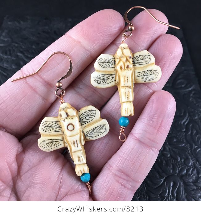 Dragonfly Earrings Made of Carved Bone with Copper Wire - #BKTa18Dpqt0-1