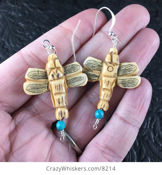 Dragonfly Earrings Made of Carved Bone with Silver Wire - #qs3iWnQLI60-1