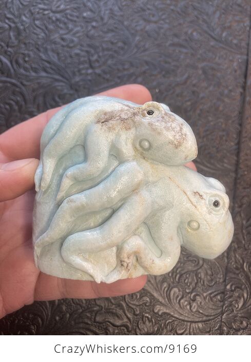 Dual Octopi Pair Carved in Blue Amazonite Stone - #Kle4KKBAMoc-1