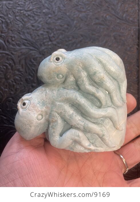 Dual Octopi Pair Carved in Blue Amazonite Stone - #Kle4KKBAMoc-3