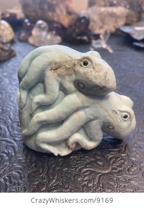 Dual Octopi Pair Carved in Blue Amazonite Stone - #Kle4KKBAMoc-4