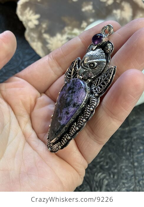 Eagle Amethyst Black and Purple Charoite and Black Aegirine Crystal Stone Jewelry Pendant - #pyxycmToK6g-3