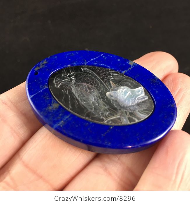 Eagle and Wolf Carved in Mother of Pearl and Set on Lapis Lazuli Stone Jewelry Pendant - #yf5Lov05h4I-3