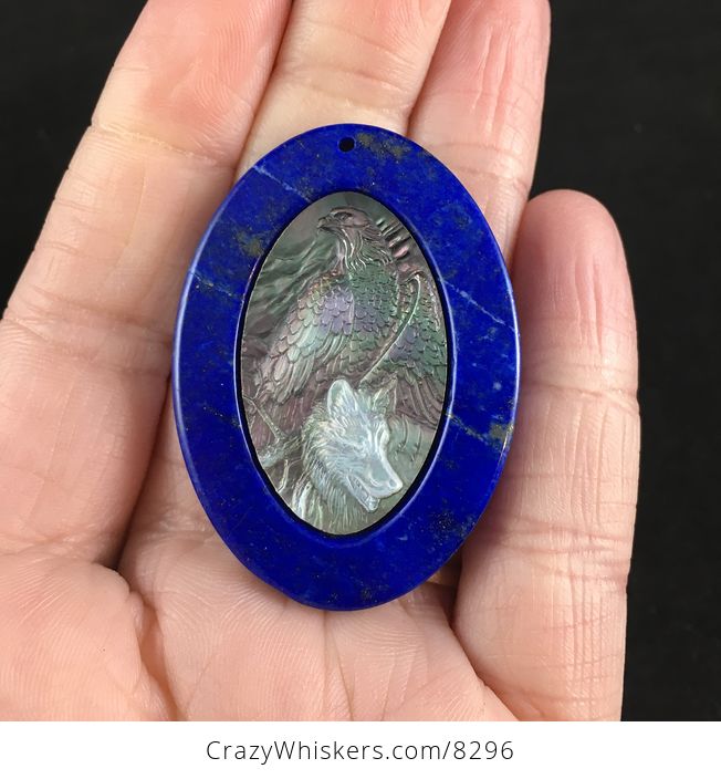 Eagle and Wolf Carved in Mother of Pearl and Set on Lapis Lazuli Stone Jewelry Pendant - #yf5Lov05h4I-1