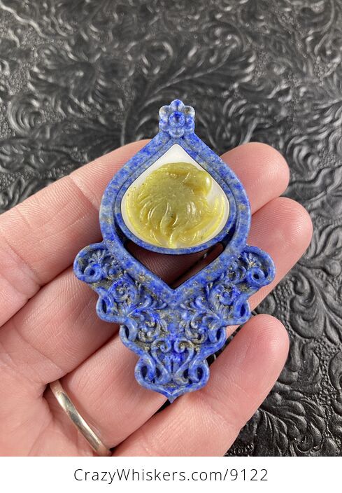 Eagle Carved in Lemon Jade on Lapis Lazuli Pendant Jewelry Mini Art Ornament - #ZYg7IZVEce0-4