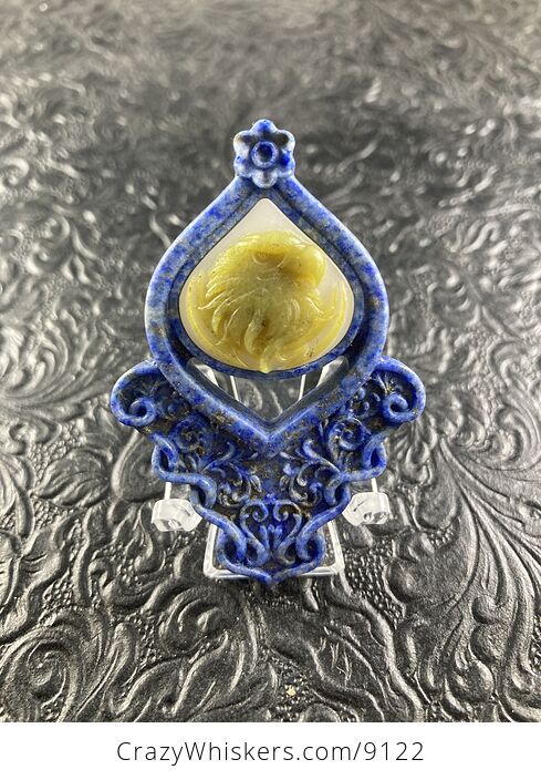 Eagle Carved in Lemon Jade on Lapis Lazuli Pendant Jewelry Mini Art Ornament - #ZYg7IZVEce0-1