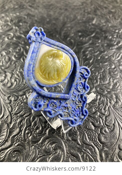 Eagle Carved in Lemon Jade on Lapis Lazuli Pendant Jewelry Mini Art Ornament - #ZYg7IZVEce0-2