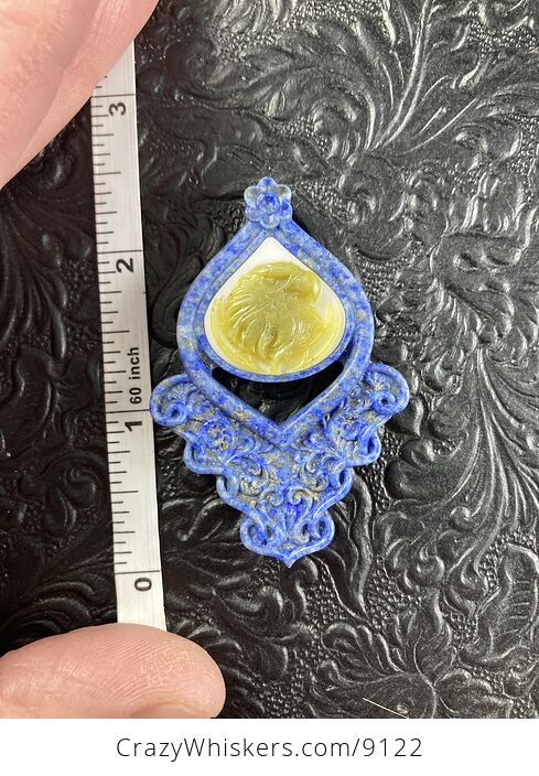 Eagle Carved in Lemon Jade on Lapis Lazuli Pendant Jewelry Mini Art Ornament - #ZYg7IZVEce0-7