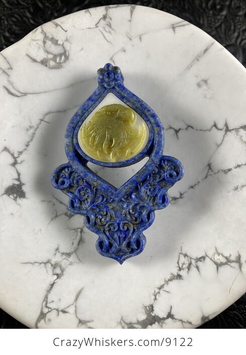 Eagle Carved in Lemon Jade on Lapis Lazuli Pendant Jewelry Mini Art Ornament - #ZYg7IZVEce0-8