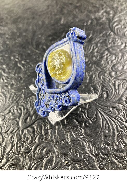 Eagle Carved in Lemon Jade on Lapis Lazuli Pendant Jewelry Mini Art Ornament - #ZYg7IZVEce0-3