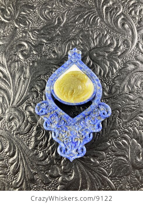 Eagle Carved in Lemon Jade on Lapis Lazuli Pendant Jewelry Mini Art Ornament - #ZYg7IZVEce0-6
