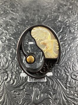 Eagle Carved in Mother of Pearl on Black Stained Wood Pendant Jewelry Mini Art Ornament #cErmWiaal0Q