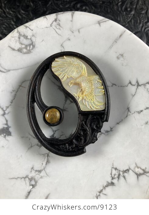 Eagle Carved in Mother of Pearl on Black Stained Wood Pendant Jewelry Mini Art Ornament - #cErmWiaal0Q-2