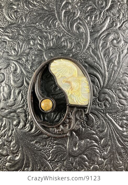 Eagle Carved in Mother of Pearl on Black Stained Wood Pendant Jewelry Mini Art Ornament - #cErmWiaal0Q-3