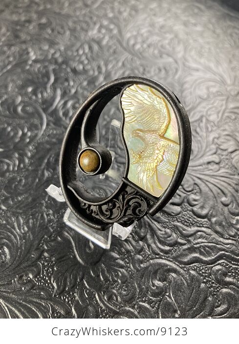 Eagle Carved in Mother of Pearl on Black Stained Wood Pendant Jewelry Mini Art Ornament - #cErmWiaal0Q-5
