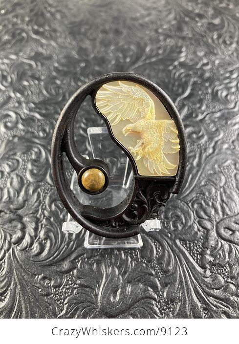 Eagle Carved in Mother of Pearl on Black Stained Wood Pendant Jewelry Mini Art Ornament - #cErmWiaal0Q-1