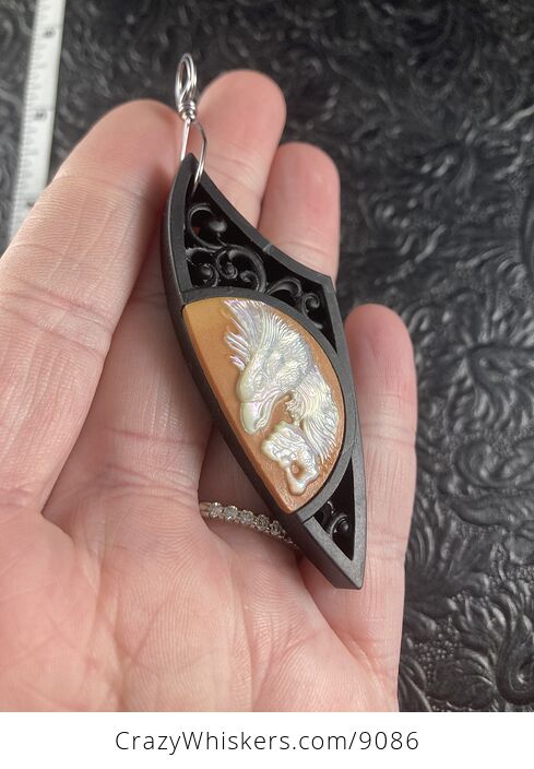 Eagle Carved in Mother of Pearl on Jasper and Wood Pendant Jewelry Mini Art Ornament - #k3GLwv9cIqM-2