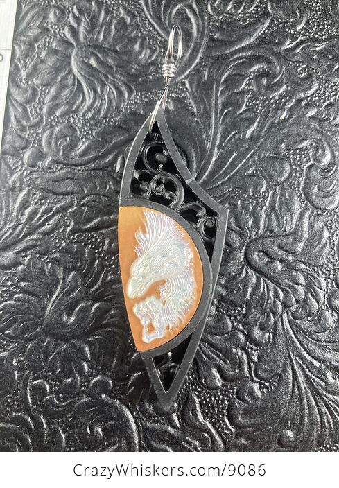 Eagle Carved in Mother of Pearl on Jasper and Wood Pendant Jewelry Mini Art Ornament - #k3GLwv9cIqM-5