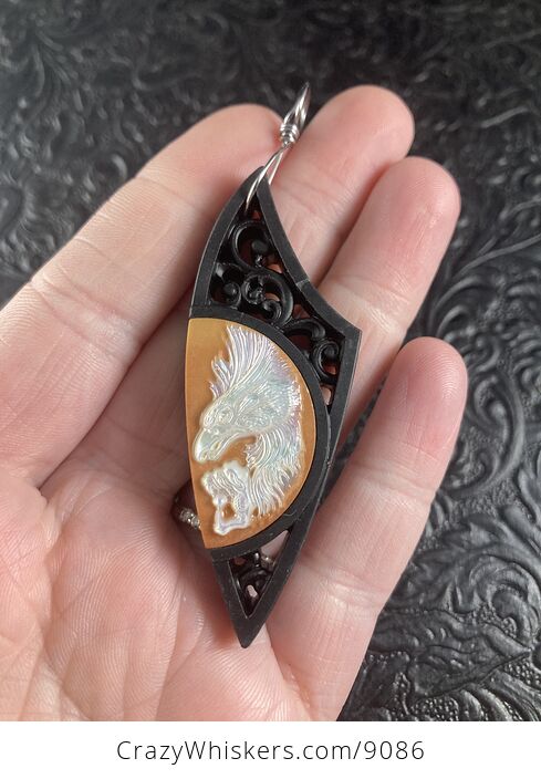 Eagle Carved in Mother of Pearl on Jasper and Wood Pendant Jewelry Mini Art Ornament - #k3GLwv9cIqM-1