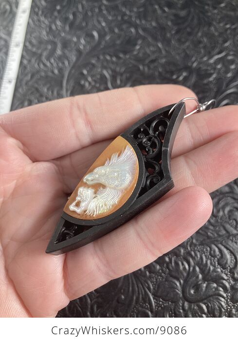 Eagle Carved in Mother of Pearl on Jasper and Wood Pendant Jewelry Mini Art Ornament - #k3GLwv9cIqM-3
