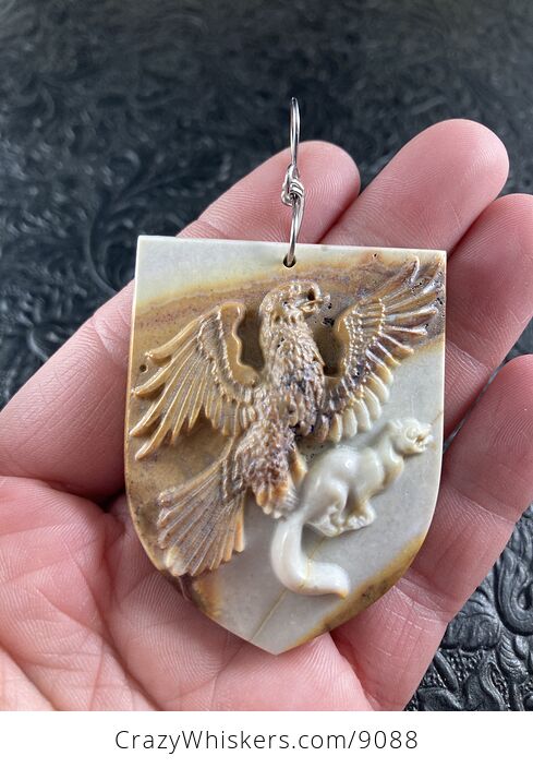 Eagle Catching a Squirrel Carved in Jasper Stone Pendant Jewelry Mini Art Ornament - #mZHNSUnPhmM-1