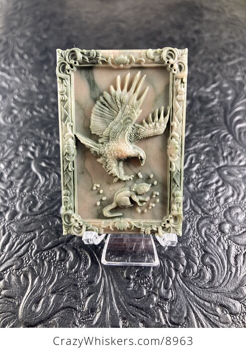 Eagle Swooping to Catch Rat Carved Jasper Stone Pendant Cabochon Jewelry Mini Art Ornament - #TdEOiW7QqQ0-1