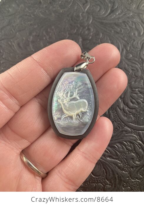 Elk Mother of Pearl Carved and Jasper Stone Jewelry Pendant - #OXdlCwZSwUc-1