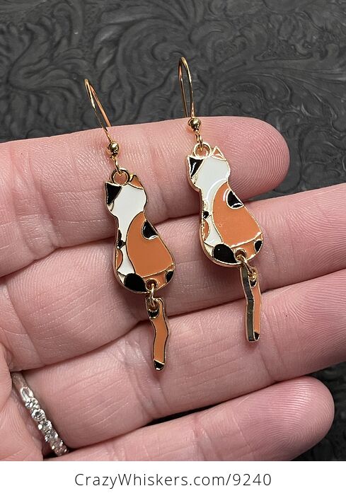 Enamel Calico Cat Dangly Tail Earrings - #XdbYsml9UWQ-2