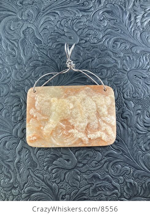 Fishing Bear Carved Orange Jasper Stone Pendant Jewelry Mini Art or Ornament - #kV1eXJdqnIo-2