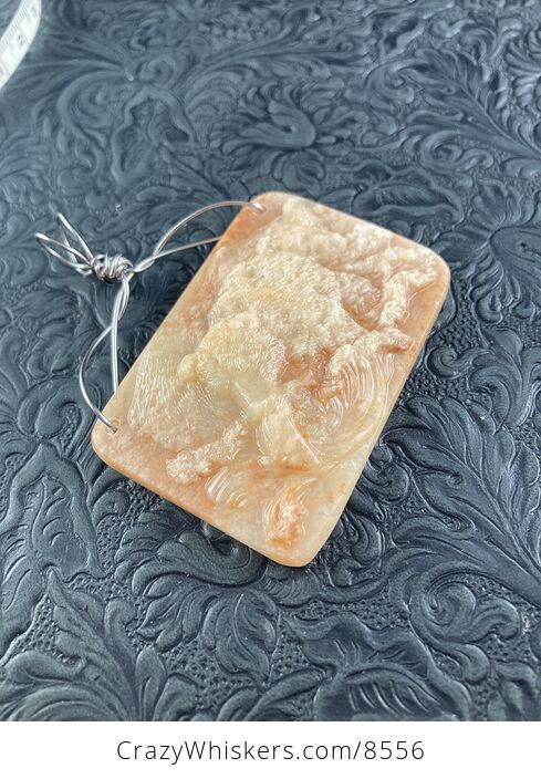Fishing Bear Carved Orange Jasper Stone Pendant Jewelry Mini Art or Ornament - #kV1eXJdqnIo-5