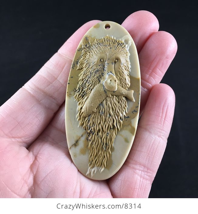 Fishing Bear Carved Ribbon Jasper Stone Pendant Jewelry - #VeF8ypA4giw-1
