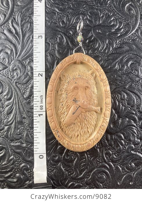 Fishing Bear Carved Ribbon Jasper Stone Pendant Jewelry Ornament Mini Art - #8Oae8DmSnWs-1