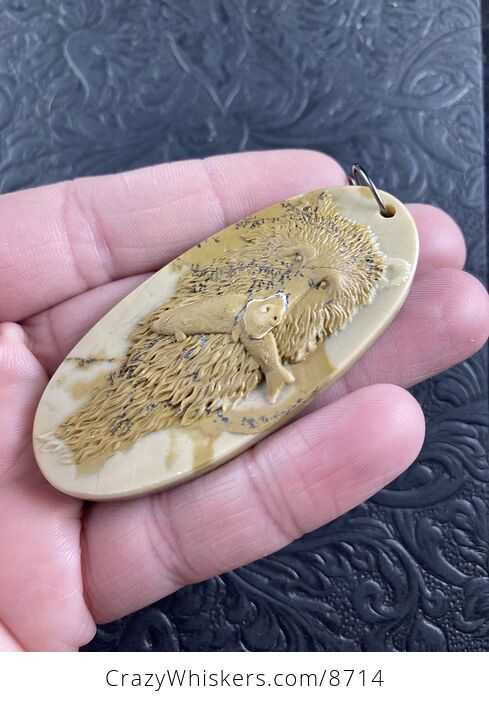 Fishing Bear Carved Ribbon Jasper Stone Pendant Jewelry Ornament Mini Art - #mTG2sykiz8o-3