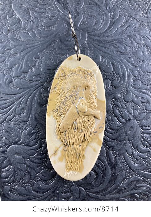 Fishing Bear Carved Ribbon Jasper Stone Pendant Jewelry Ornament Mini Art - #mTG2sykiz8o-5