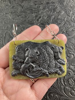 Fishing Bears Carved in Black Jasper on Lemon Jade Stone Pendant Jewelry #VSIJfK7ISCg