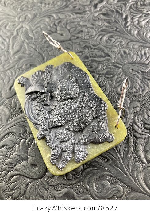 Fishing Bears Carved in Black Jasper on Lemon Jade Stone Pendant Jewelry - #VSIJfK7ISCg-3