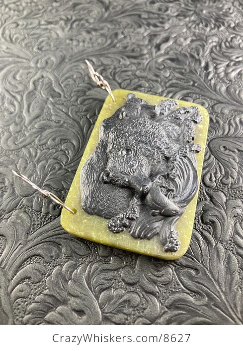 Fishing Bears Carved in Black Jasper on Lemon Jade Stone Pendant Jewelry - #VSIJfK7ISCg-4