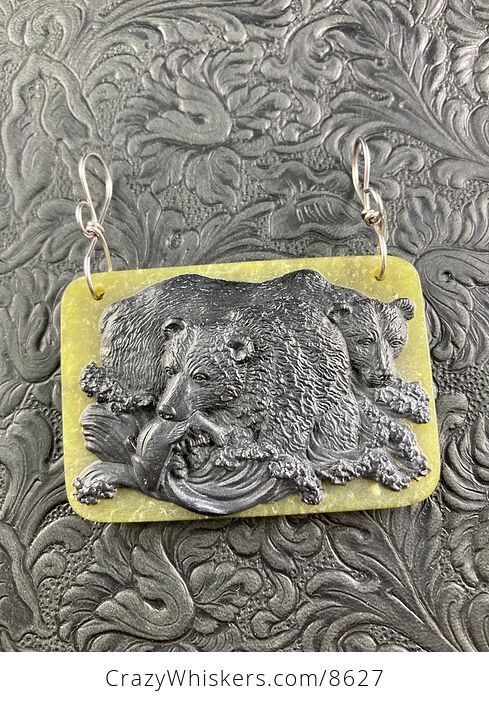 Fishing Bears Carved in Black Jasper on Lemon Jade Stone Pendant Jewelry - #VSIJfK7ISCg-6