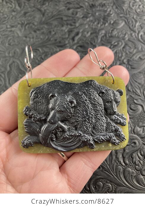 Fishing Bears Carved in Black Jasper on Lemon Jade Stone Pendant Jewelry - #VSIJfK7ISCg-1