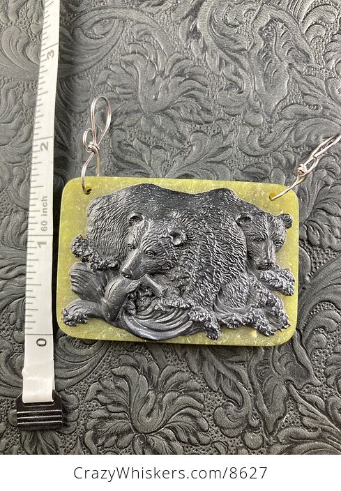 Fishing Bears Carved in Black Jasper on Lemon Jade Stone Pendant Jewelry - #VSIJfK7ISCg-2