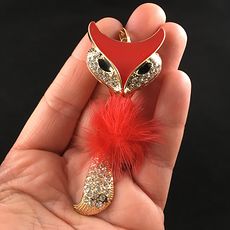 Fluffy Poof Ball Red Fox Pendant with Rhinestones on Textured Metal and Wiggly Tail #RrC49LRNwm0
