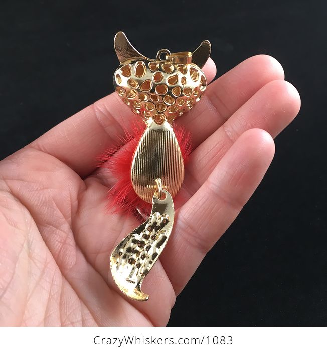 Fluffy Poof Ball Red Fox Pendant with Rhinestones on Textured Metal and Wiggly Tail - #RrC49LRNwm0-3