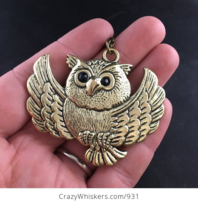 Flying Owl with Black Rhinestone Eyes on Vintage Gold Tone Pendant - #6DkefDIoRck-1