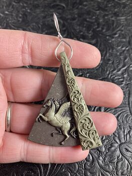 Flying Pegasus Horse Carved in Brown Jasper Stone Jewelry Pendant #56CmHwE7llc