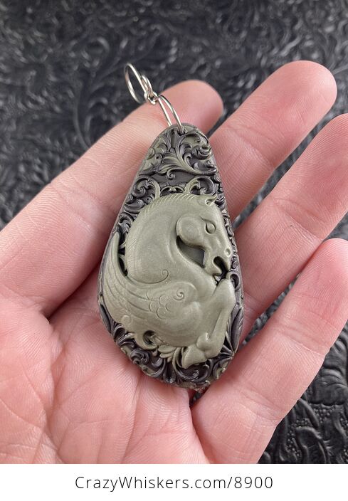 Flying Pegasus Horse Carved in Brown Jasper Stone Jewelry Pendant - #1puWUh1ylPs-1