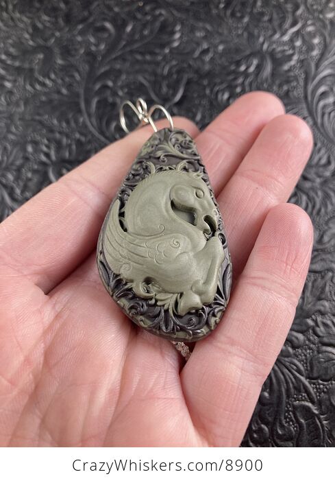 Flying Pegasus Horse Carved in Brown Jasper Stone Jewelry Pendant - #1puWUh1ylPs-2