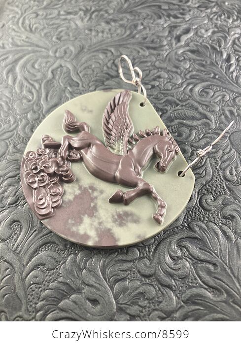 Flying Pegasus Horse Carved in Brown Jasper Stone Jewelry Pendant - #24ZbrgS072M-5