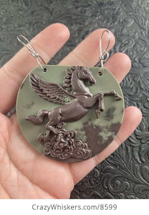 Flying Pegasus Horse Carved in Brown Jasper Stone Jewelry Pendant - #24ZbrgS072M-2
